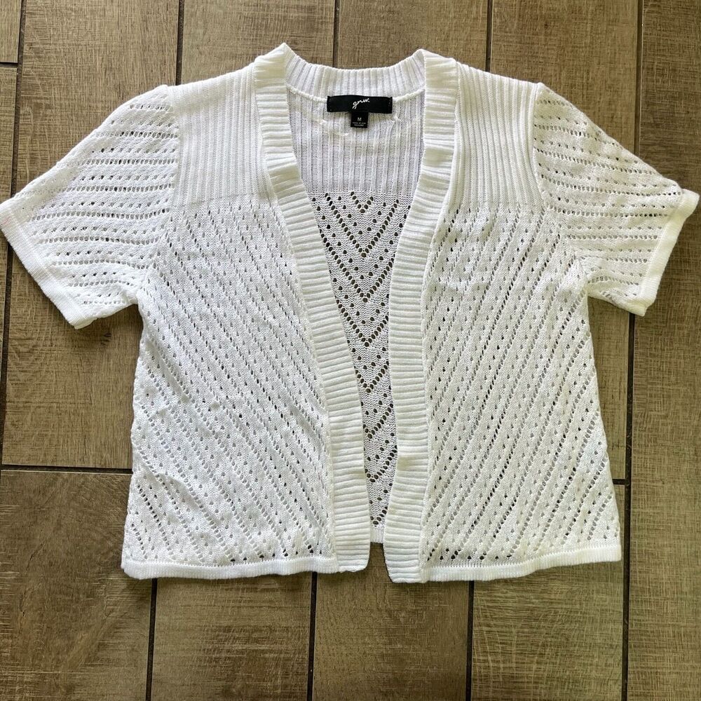 GNW White Crochet Y2K 90s Cardigan Sweater Open Knit Short Sleeve M USA